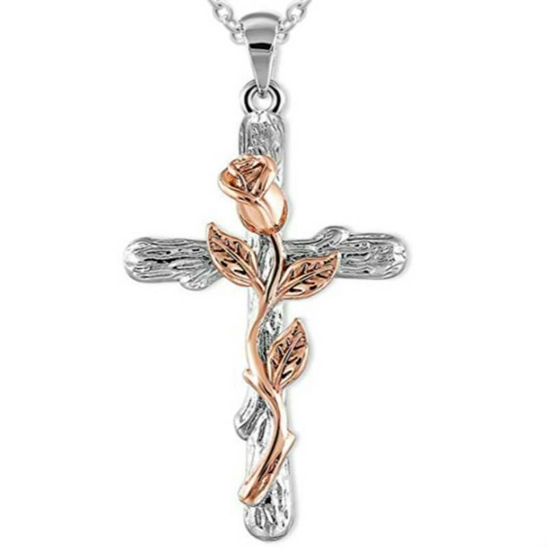 Rose Flower Cross Pendant Chain Necklace Jewelry Gift for Women Jewelry Gift