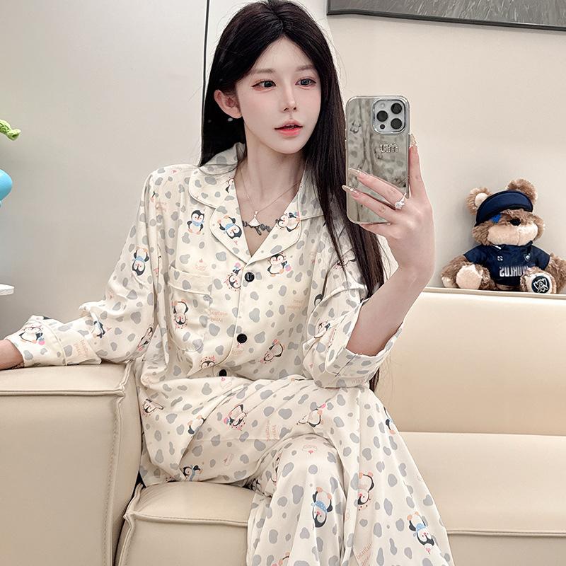 1011 new ice silk pajamas women's thin long-sleeved trousers penguin print cartoon thin loungewear can be worn outside