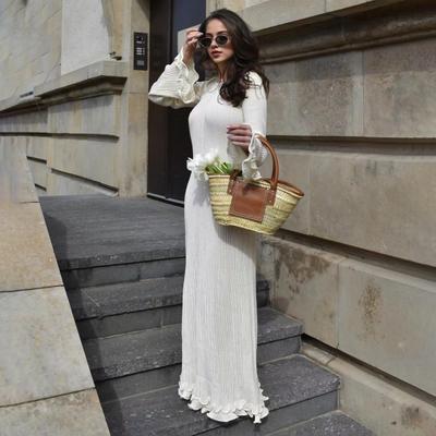 Осенне-весеннее женское вечернее платье с присборенным краем, О-образным вырезом, V-образной спинкой, облегающим кроем, длинными рукавами-колокольчиками, однотонное эластичное бальное платье полной длины