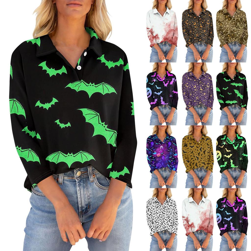 Women's Seven Quarter Sleeved T-shirt V-neck Button Up Shirt With Printed Loose Top For Halloween