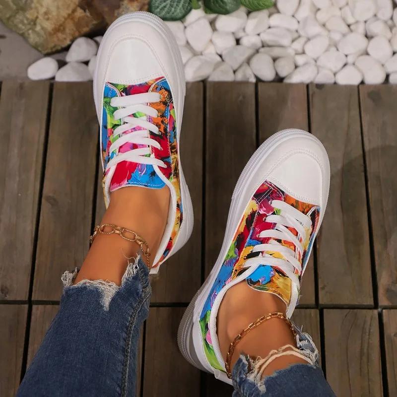 2024 Новые модные однотонные универсальные удобные женские кроссовки на шнуровке с неглубоким носком, круглым носком и плоской подошвой