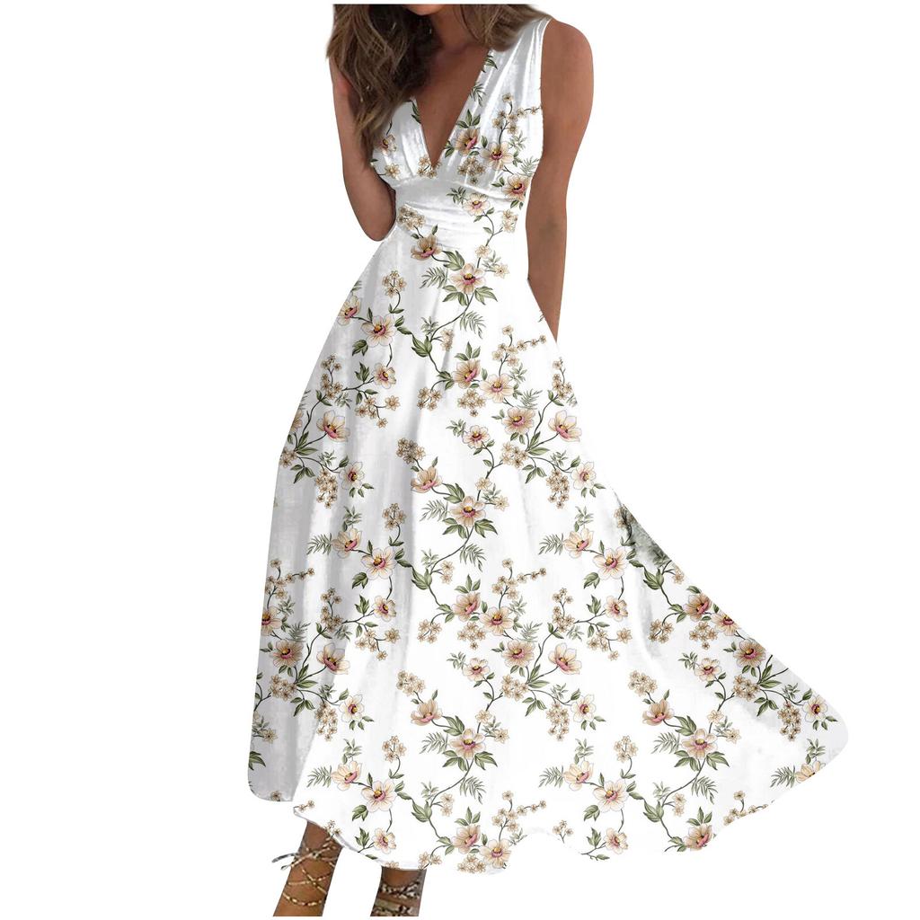 Женское длинное платье Платье макси Повседневное платье Летнее повседневное платье без рукавов с v-образным вырезом в стиле бохо с талией и принтом