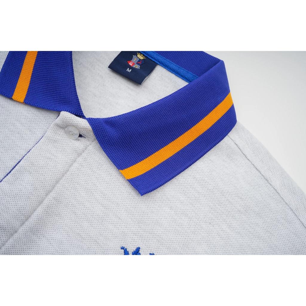 Мужская рубашка поло с длинным рукавом серого цвета с синими и желтыми акцентами, с логотипом и вышивкой «Мадрид»