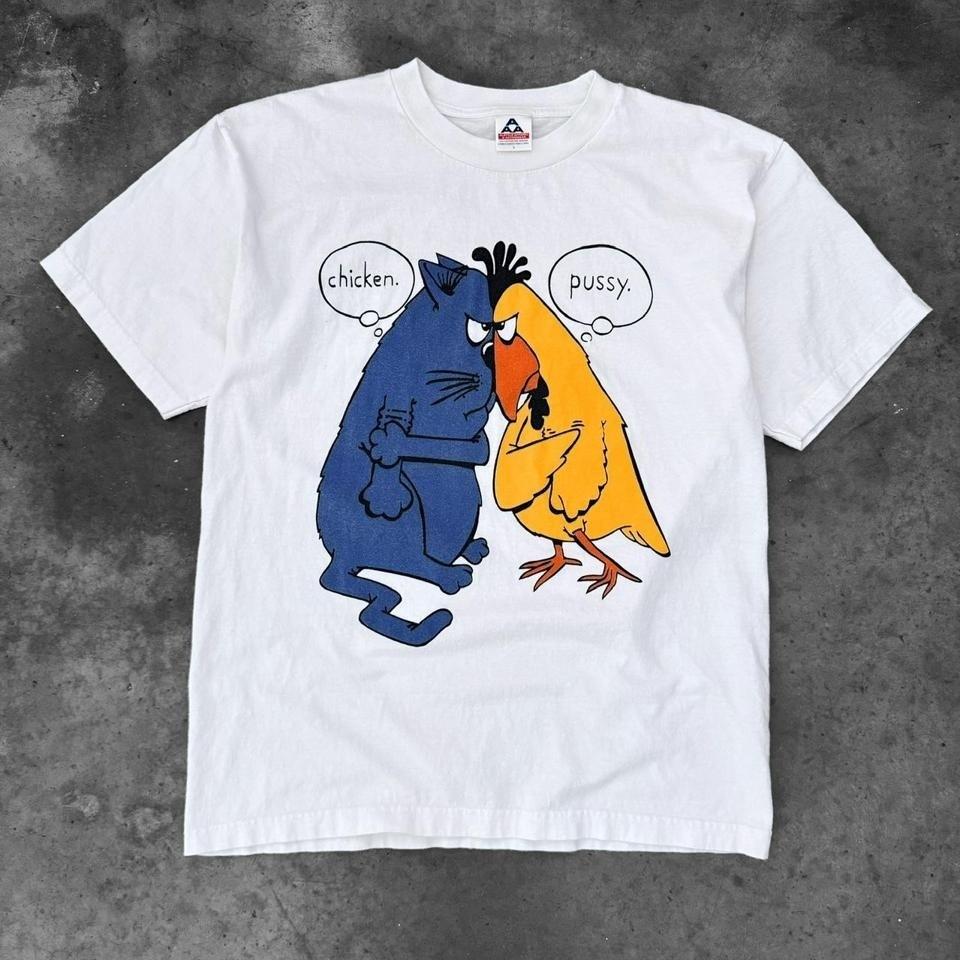 Vintage 90s NSFW Chicken & Pussy Cat T-shirt =Cartoon Comedy white Large