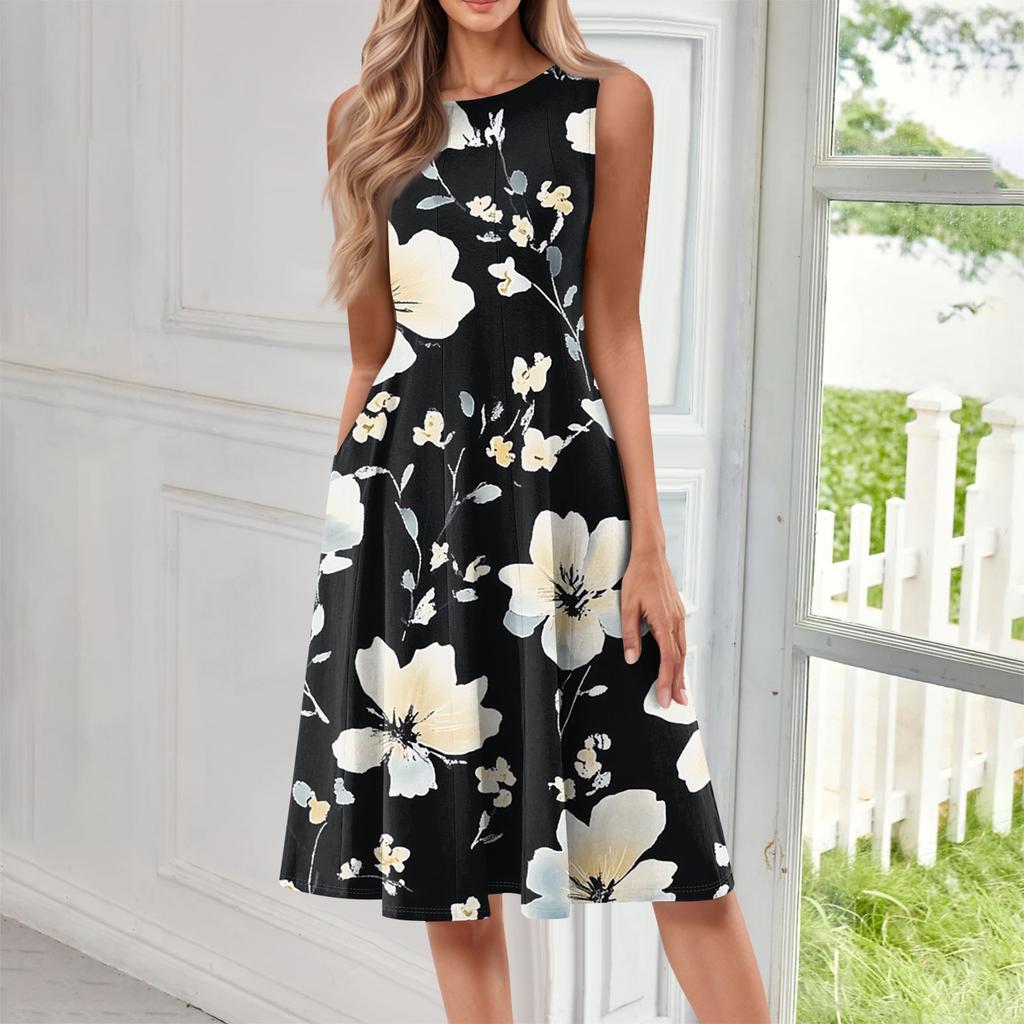 Женское повседневное модное платье миди с цветочным принтом и круглым вырезом без рукавов