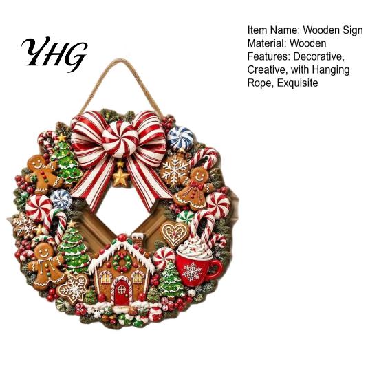 Rustic Holiday Wall Hanging Decor Gingerbread Man Wreath Wooden Sign for Front Door, Retro Christmas Plaque with Seasonal Festive Entryway Candy Cane