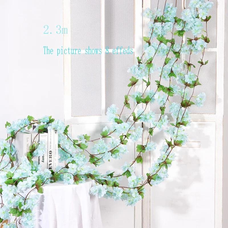 2.3m Flower Garland Artificial Flower String With Leaves Silk Sakura Cherry Blossom Ivy Vine For Home Garden Wedding Arch Decor