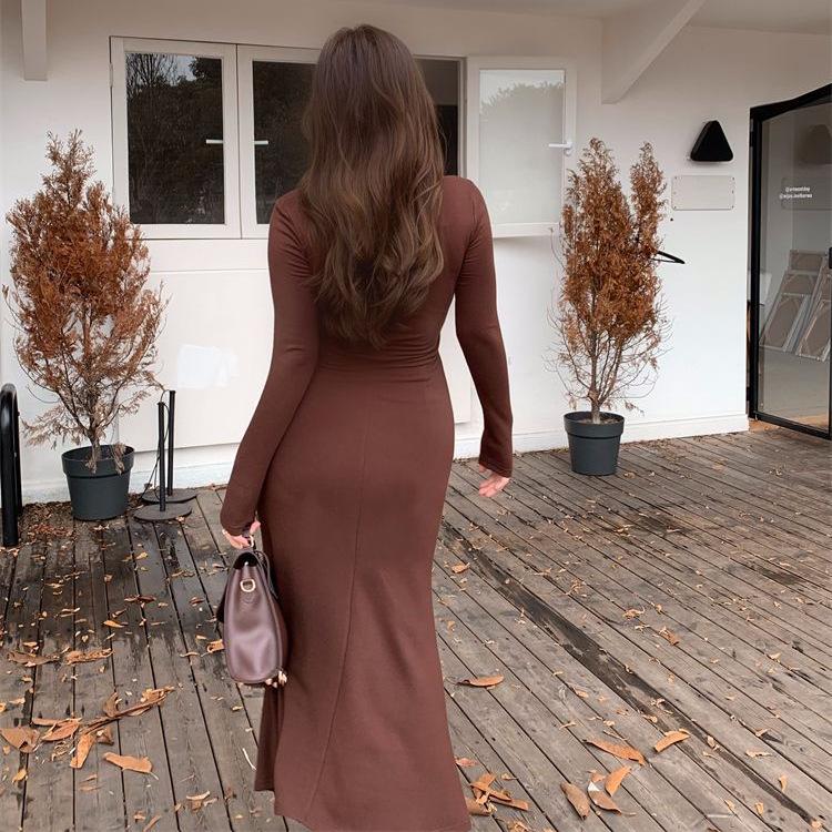 French neck long-sleeved dress women's autumn temperament pure desire sexy hot girl waist slim hip fish tail long skirt