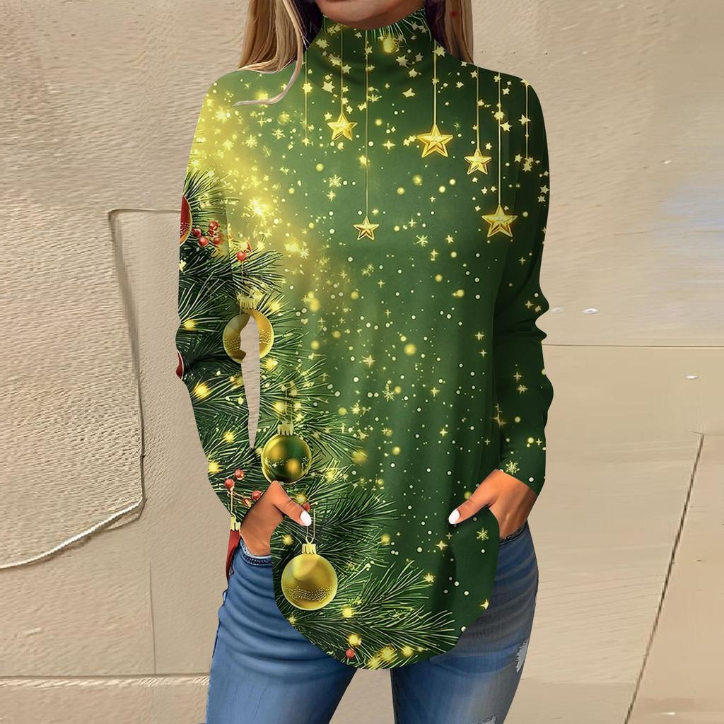 Женская модная повседневная футболка с длинным рукавом с высоким воротом и принтом, пуловер, топ