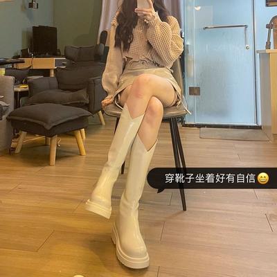 Интернет знаменитости узкие сапоги женские рыцарские сапоги на толстой подошве до колена 2025 осень и зима новые высокие белые ботинки Челси с V-образным вырезом