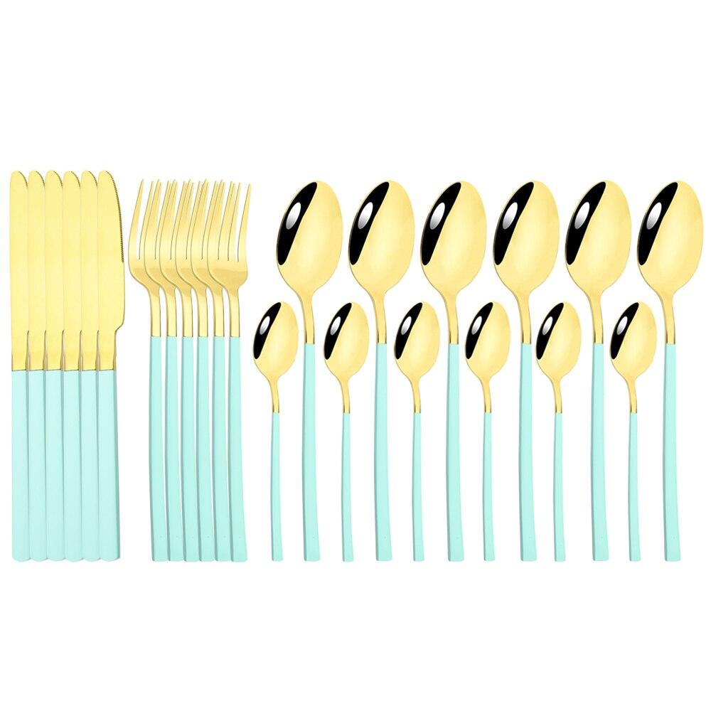 24 Pieces Sets Kitchen Tableware Cutlery Set Mint Green Gold Stainless Steel Dinnerware Set Food Flatware Mirror Silverware Set