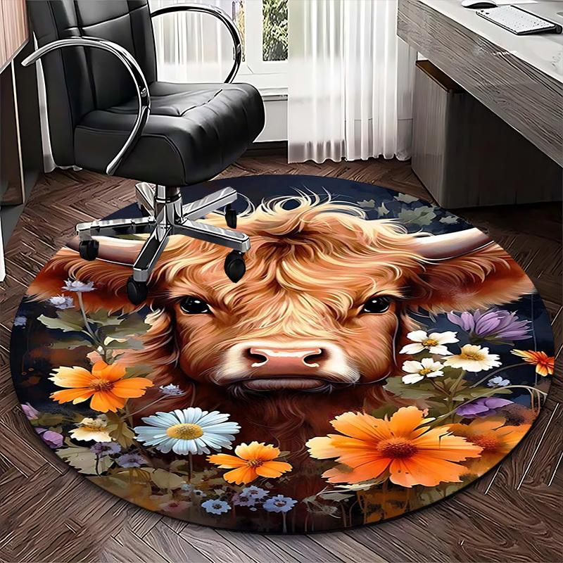 1pc Highland Cow with Flowers Round Carpet Anime Design Chair Mat for Office, Home Decor, Living Room, Bedroom, Game Room, Non Slip Rug