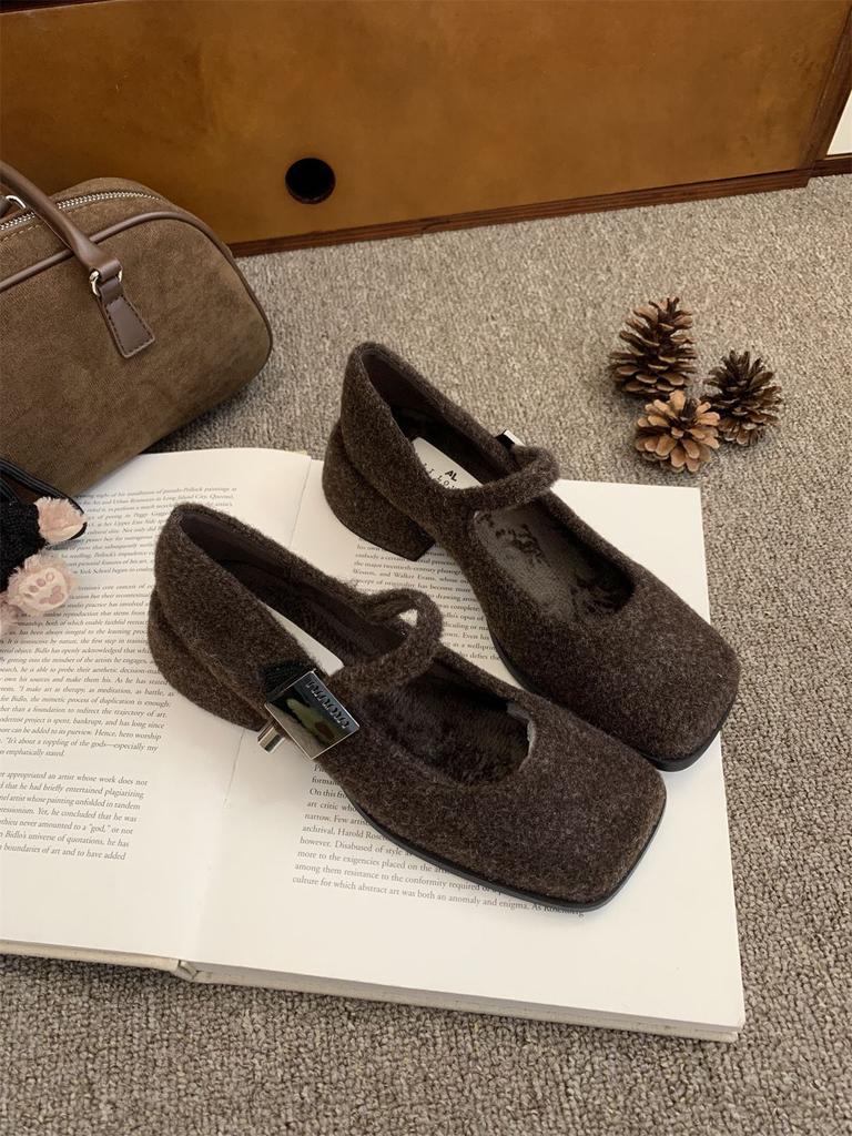 Gray Retro Woolen Mary Jane Fluffy Shoes Women's Winter Wear 2025 New French Thick Heel Velvet High Heel Single Shoes