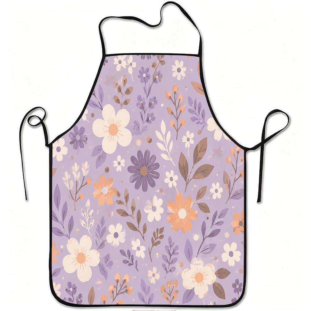 1pc Adjustable Apron with Purple Floral Print - Polyester Bib Suitable for Cooking, Gardening, Picking, Christmas, Halloween - Easy-Clean Waistband fo