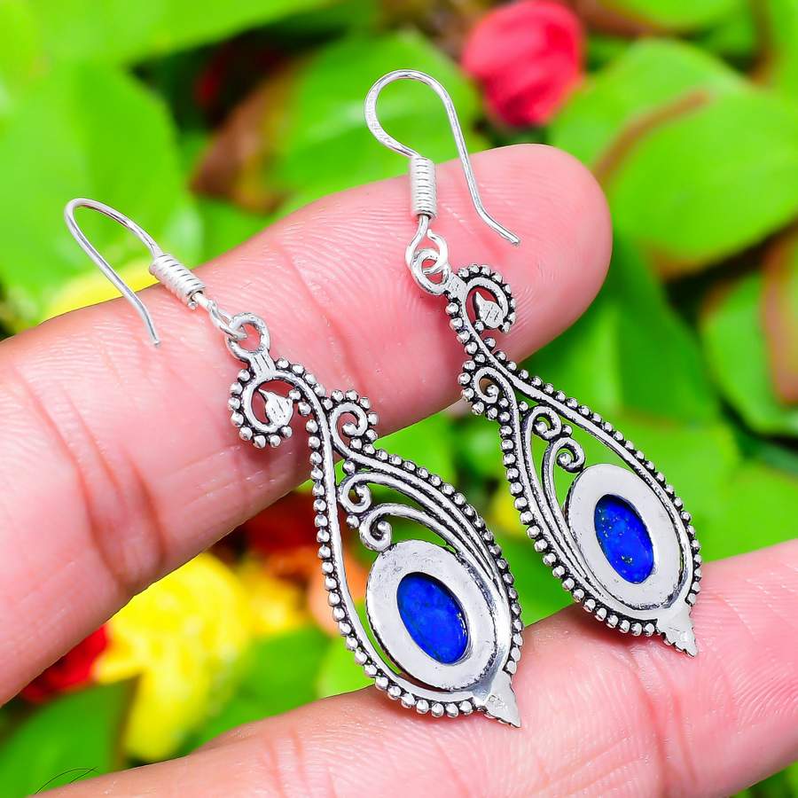 Natural Lapis Lazuli Gemstone 925 Sterling Silver Gift Earring 2.01" M6D56