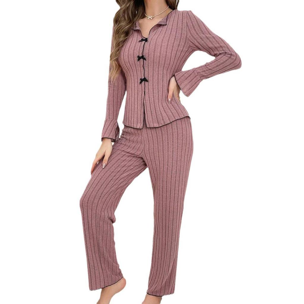 European & American Women's Casual Long-Sleeve Pajama Set with Bow