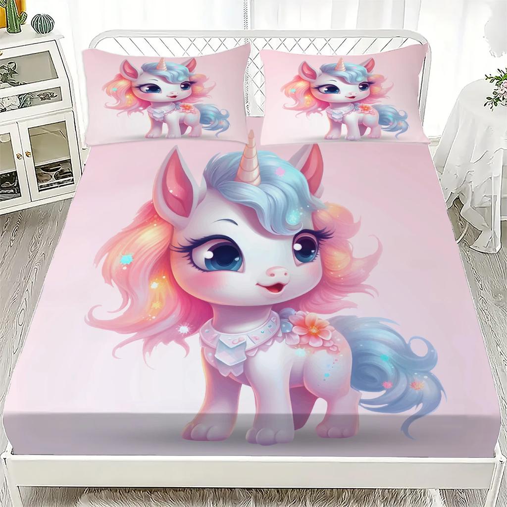 Unicorn Pattern 3D Fitted Sheets Set Cute Kids Bedding with 1/2 Pillowcases  Boys Girls Bedroom Decor