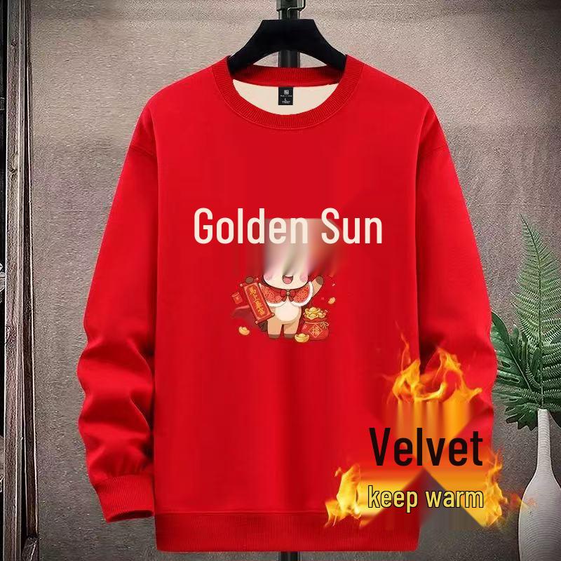 Мужская красная толстовка для подростка, Год Лошади 2026, С бархатной подкладкой, Осенне-зимний топ для средней школы