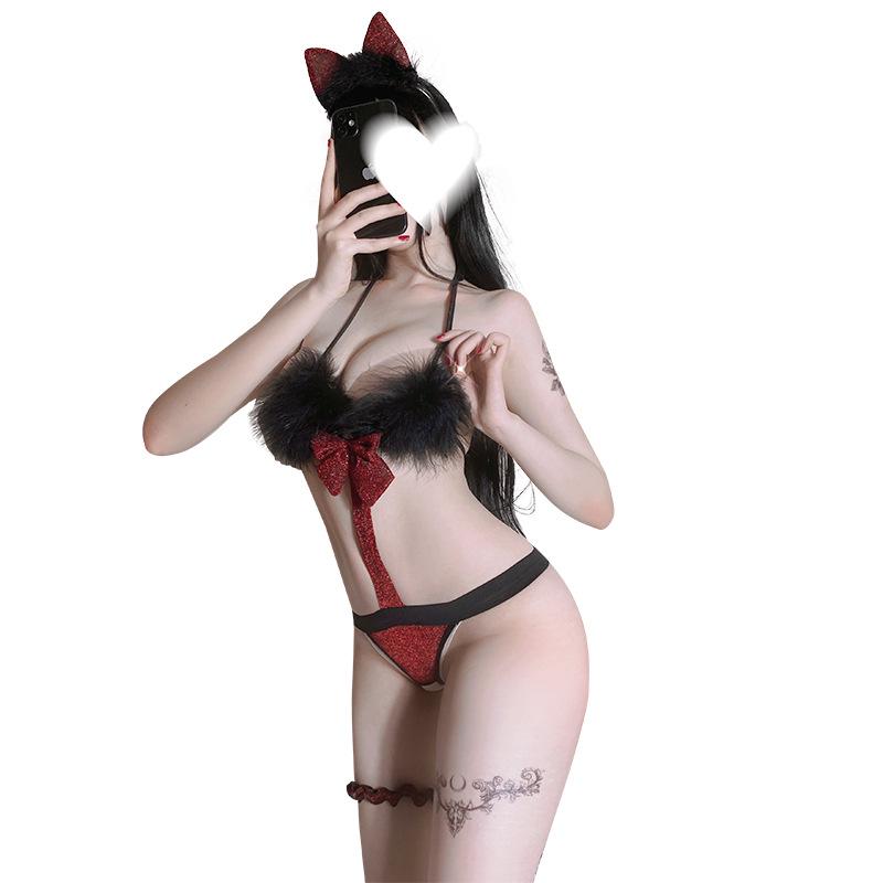 Seductive Christmas Catwoman Lingerie Set with Bowknot & Plush Thong