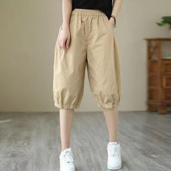 Women Shorts Mid-rise Elastic Waist Knee-Length Pants Solid Color Loose Fit Short Pants Streetwear