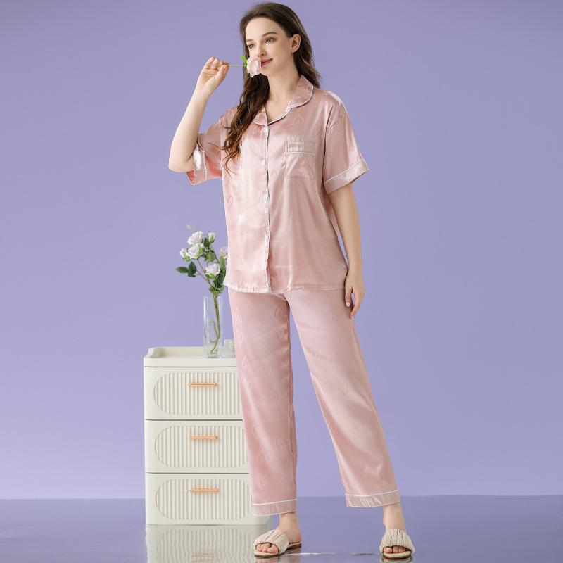 Cool Ice Silk Pajamas Women'S Autumn Short-Sleeved Trousers Love Printing Casual Loose Loungewear Set