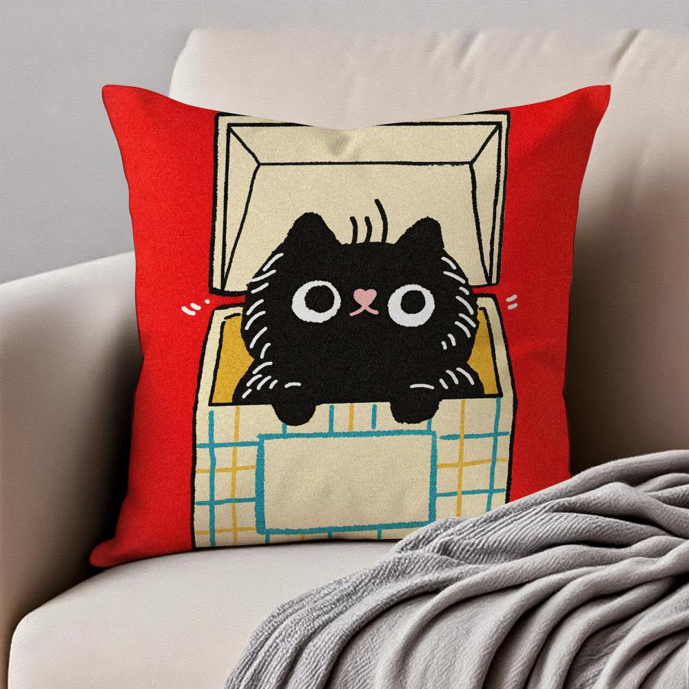 Cute Art Cartoon Handdrawn Cat Cushion Cover Pillowcase Antidustmite Invisible Zipper Short Plush Sofa Cushion