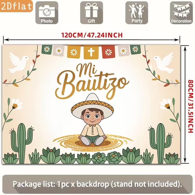 2D Mi Bautizo Photography Backdrop, Neutral Beige Cactus and Dove Baptism Background