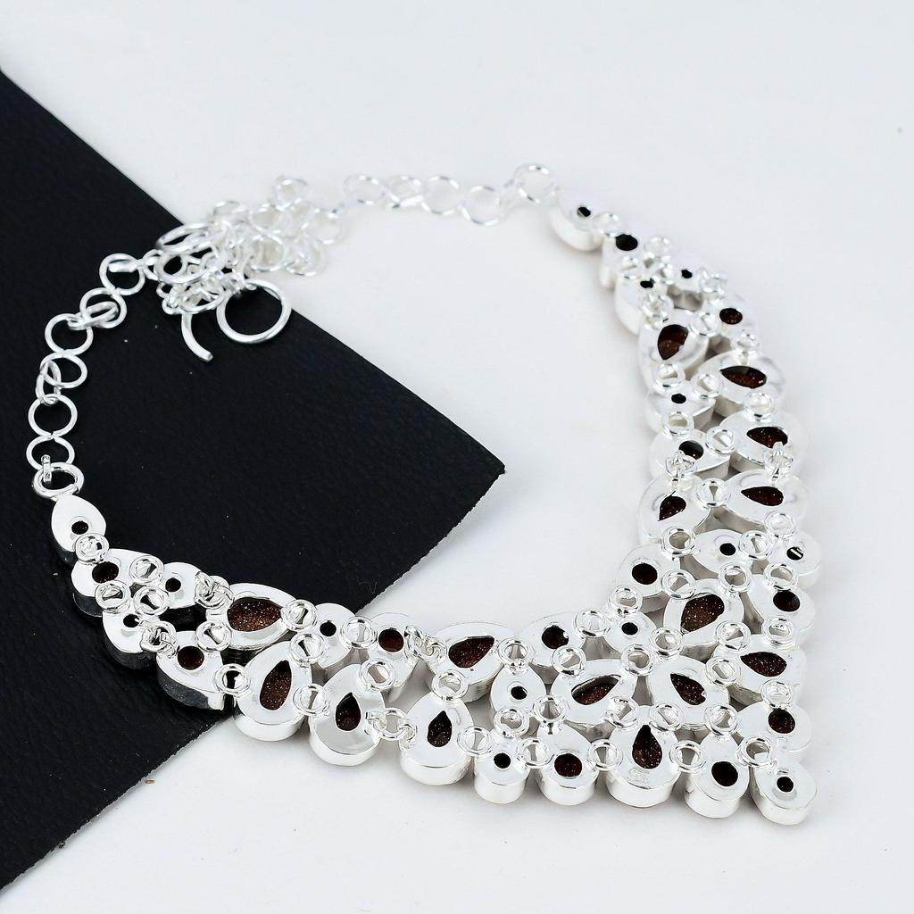 Натуральный солнечный камень драгоценный камень ручной работы 925 пробы стерлингового серебра гальванопластика ожерелье, солнечный камень серебро для жены унисекс ожерелье праздничная одежда подарки