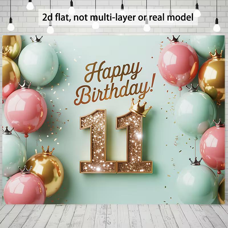 2D Happy 11th Birthday Backdrop Mint Green Pink Gold Balloon Party Background