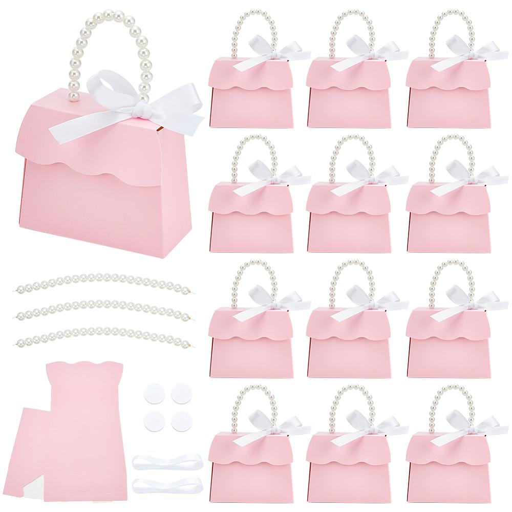 16sets Trapezoid Paper Gift Box with Plastic Imitation Pearl Handles for Gift Giving & Packaging Pearl Pink Finished Product: 13.6x6x10.7cm