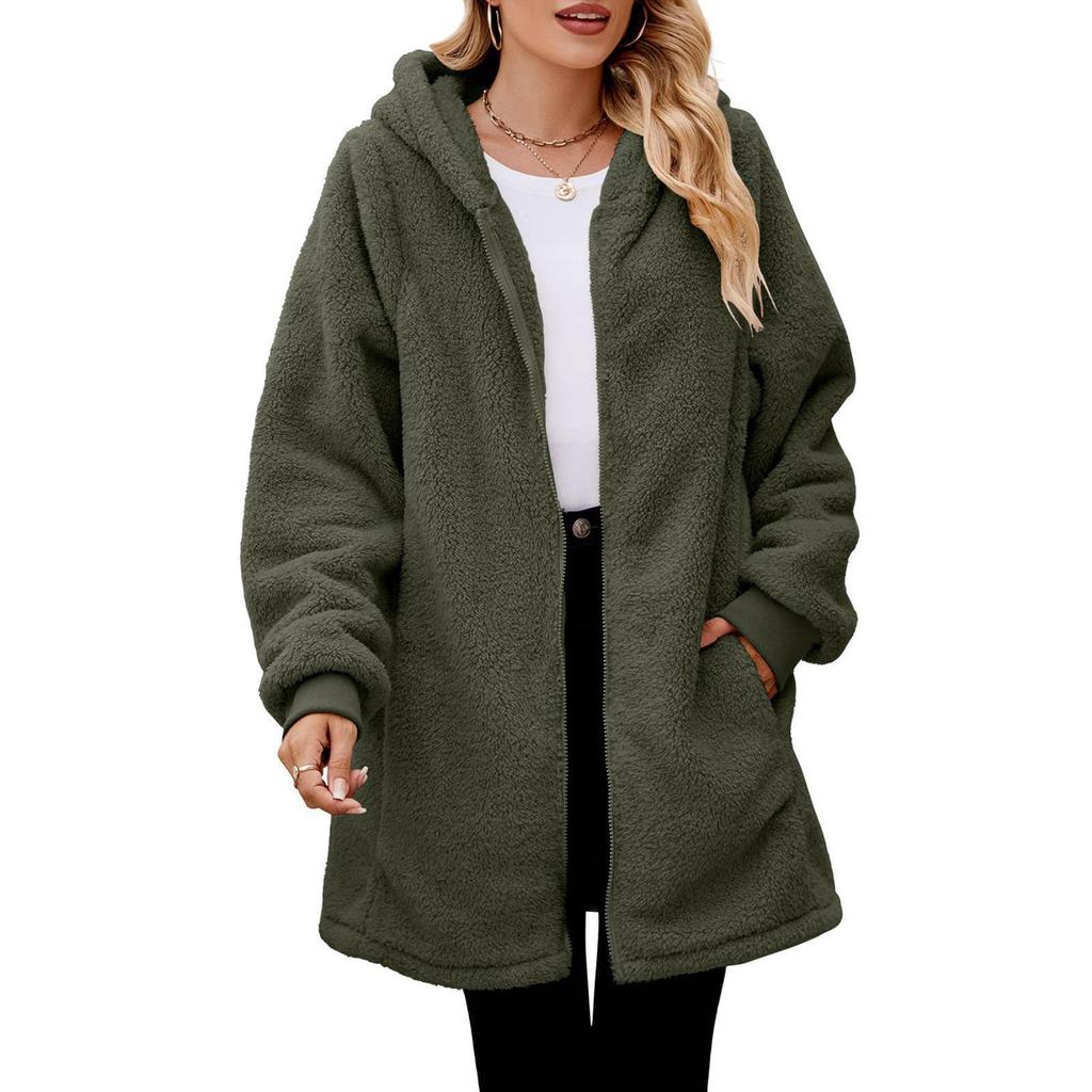 2023 Winter Women's Loose Plush Long-Sleeved Hooded Zipper Cardigan Jacket