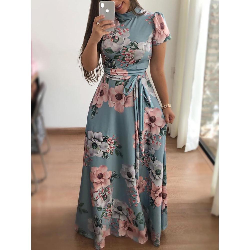 Autumn New Flower Print Short Sleeve Swing Dress Women's