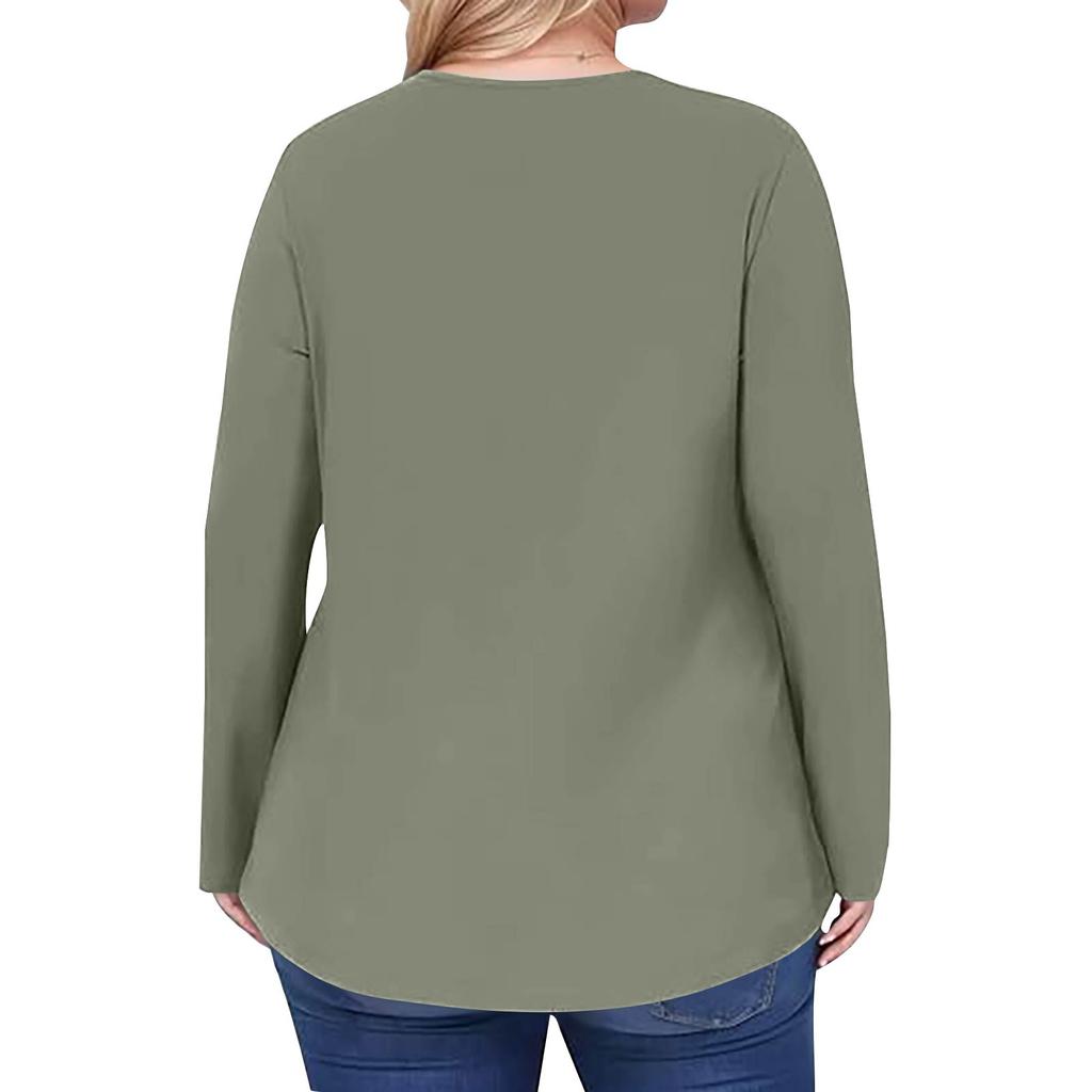 Women's Plus Size Fashion Solid Colour Casual Pleated Round Neck Long Sleeve Top