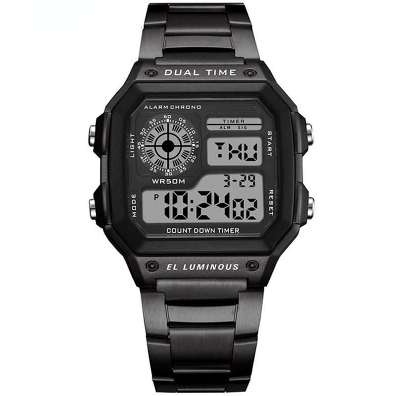 Наручные часы из нержавеющей стали, мужские цифровые спортивные часы с квадратным лицом и будильником, секундомер