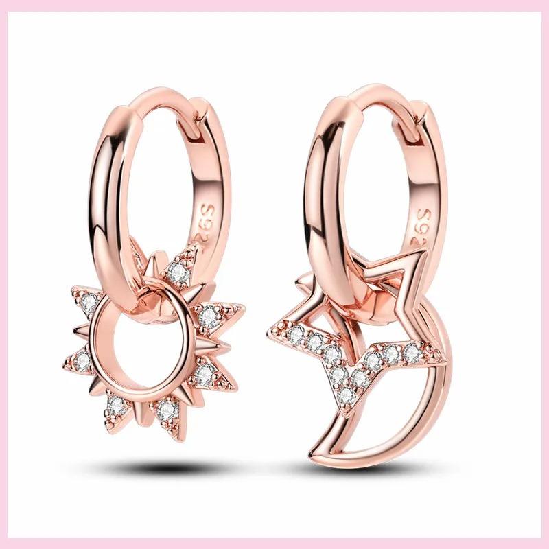 New 925 Sterling Silver Star Moon Earrings for Women Sparkling Zircon Ear Studs Luxury Romantic Fine Jewelry Gift for Girl
