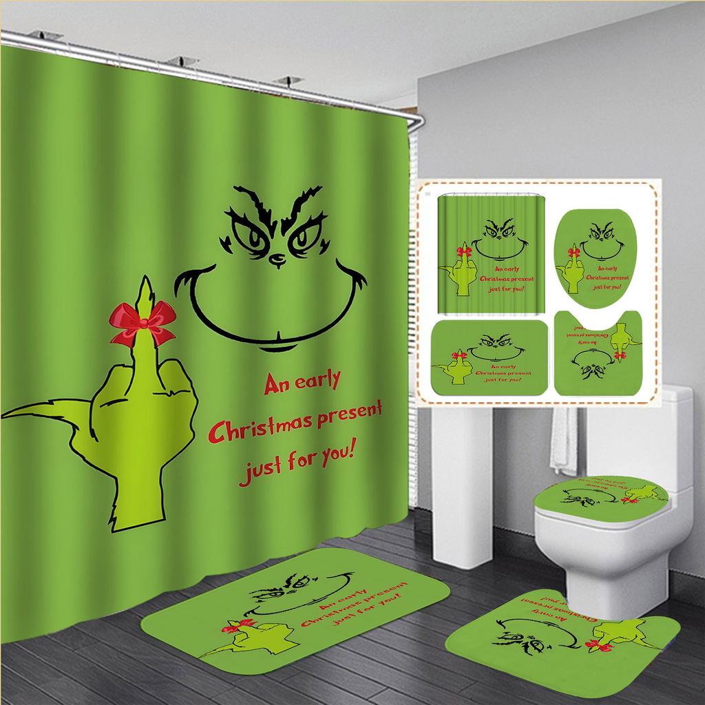 Christmas Bathroom Toilet Cover Christmas Dwarf Print U-shaped Floor Mat Water Tank Cover Four Piece Set