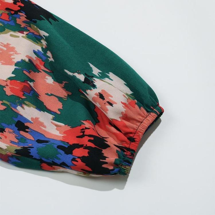 Elegant Women V-neck Chiffon Dress Long Sleeve High Waist A-Line Knee Length Print Winter Autumn