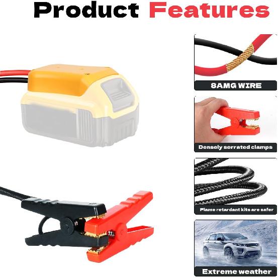 Jumper Cables With Adapter For Dewalt 20V Battery, 3.3FT 8AWG Portable Battery Dewalt Jumper Starter Automotive Booster Cables Power For Car Jump