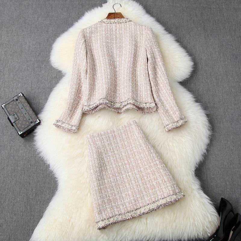 Лучший брендовый модный комплект из 2 предметов для подиума, женский осенне-зимний роскошный твидовый шерстяной пиджак с жемчугом и бисером, пальто и юбка, костюм, наряд