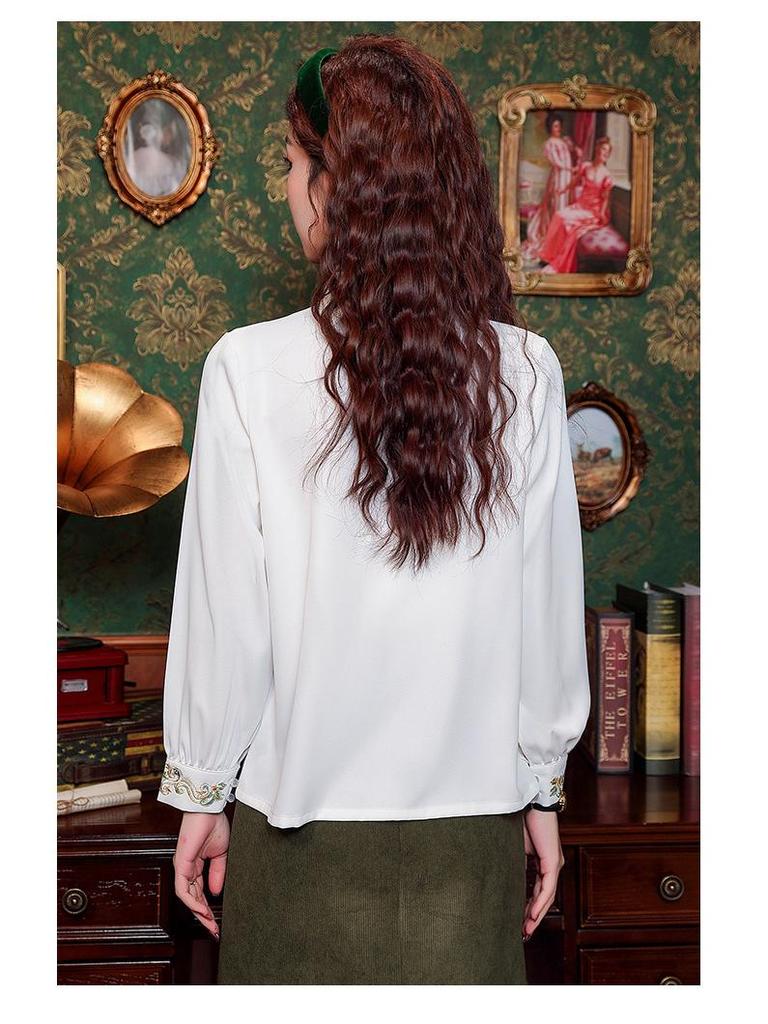 Women's Stand-Up Collar Shirt with Chinese Embroidery, Zen Style Long-Sleeve Top for Spring and Autumn.