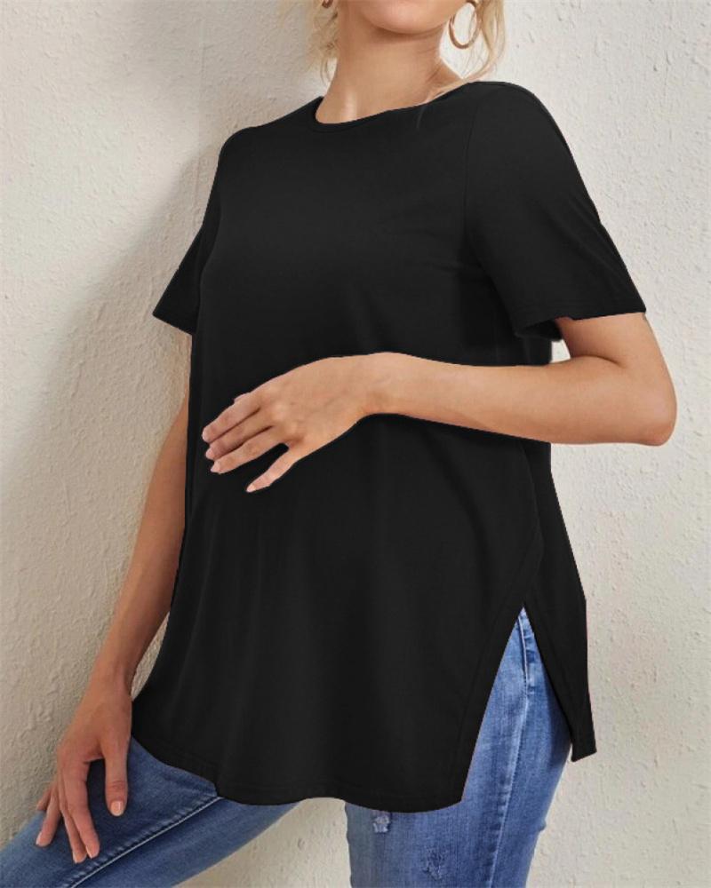 Новые повседневные однотонные топы для беременных, одежда для беременных с разрезом и сотней топов с круглым вырезом, топы с короткими рукавами