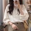 Spring Summer Women's Cotton Long Lantern Sleeve Blouse White Tops Office Lady Elegant V-neck Thin Shirt