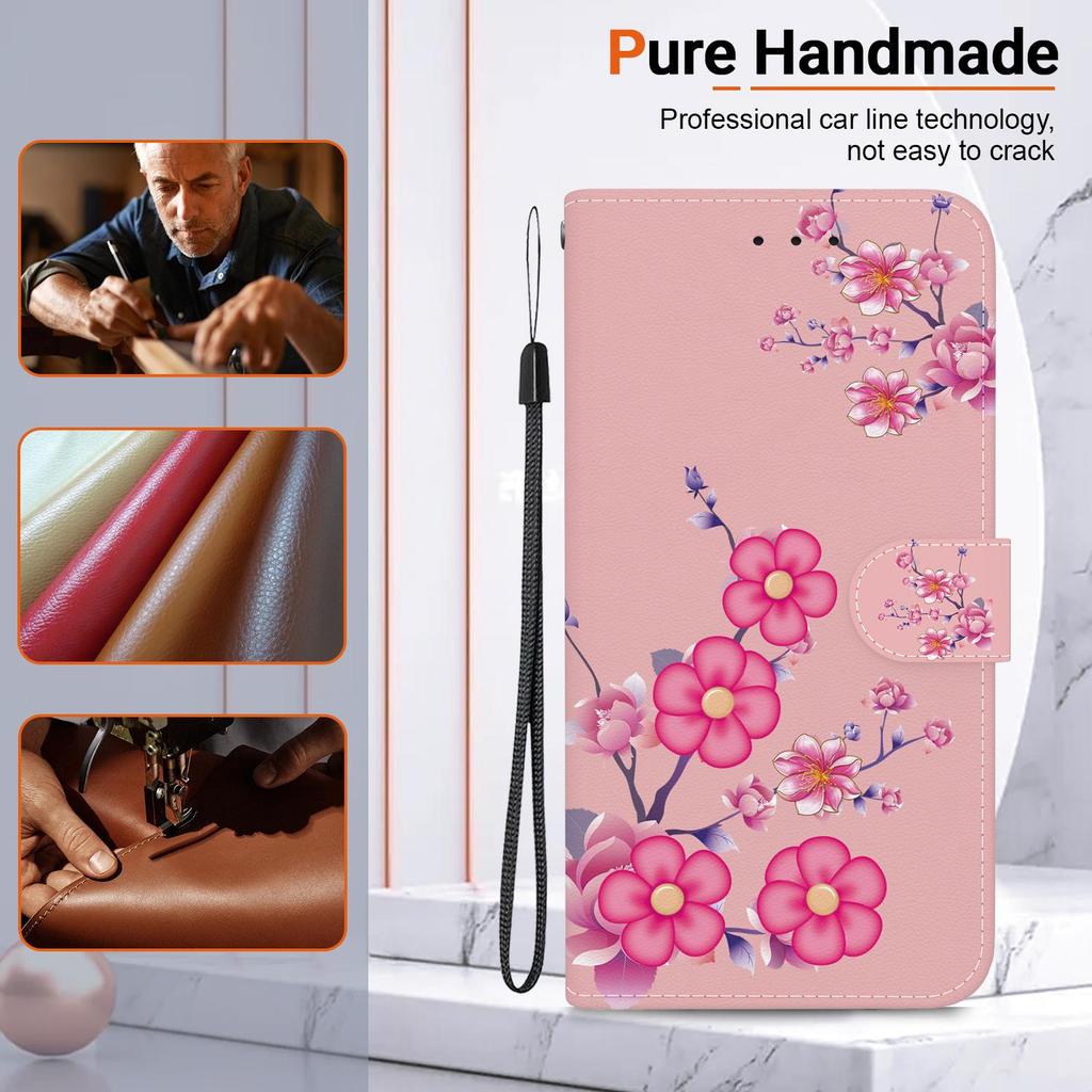 3D Art Painting Sakura Flower Butterfly Pattern Leather Phone Wallet Case Book Stand For Huawei Moto Oppo Realme 10 Girls Magnetic Card Flip Cover Bag