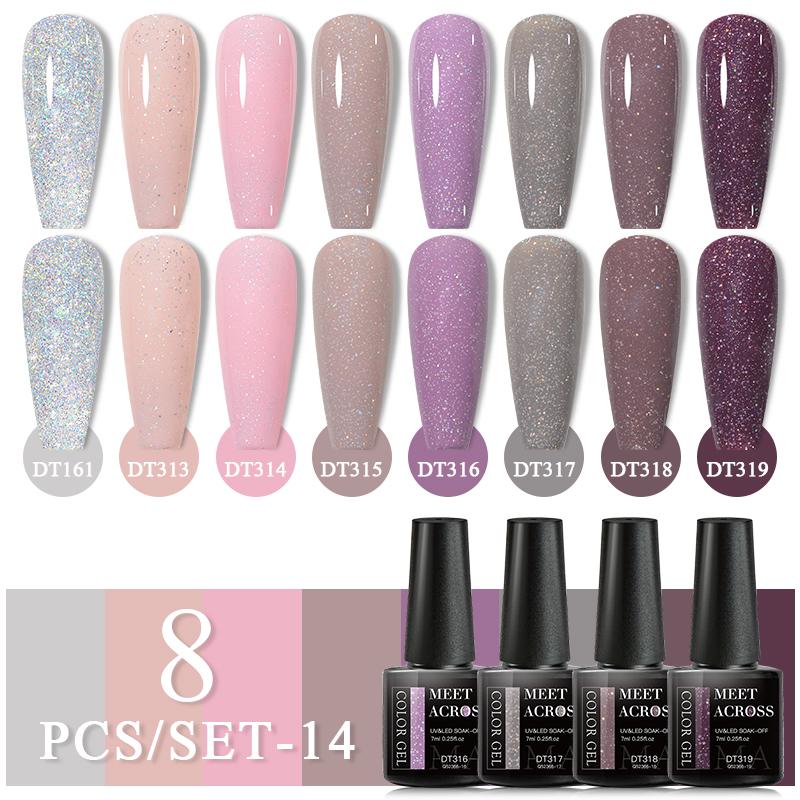 MEET ACROSS 8 шт./компл. цветной гель-лак для ногтей с блестками, набор гель-лаков с блестками, полуперманентный замачиваемый УФ-светодиодный гель-лак для маникюра