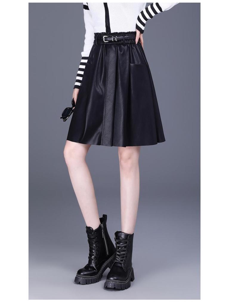 High-Waisted A-Line Leather Skirt for Women, Autumn/Winter, Pleated Lambskin Midi Skirt, Age-Defying & Classic Design