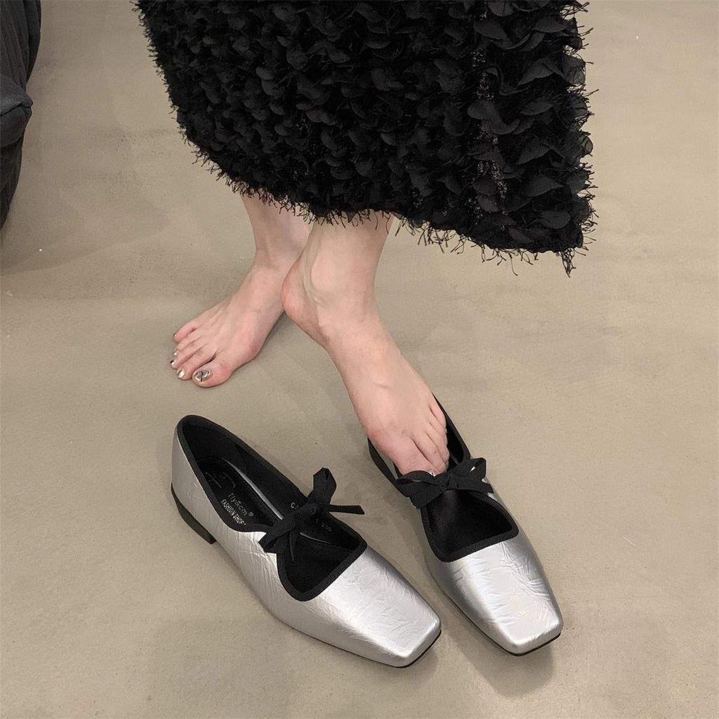 Ретро французские одинарные туфли женские 2025 весна новые с мелким вырезом на плоской подошве квадратный носок балетки туфли Мэри Джейн