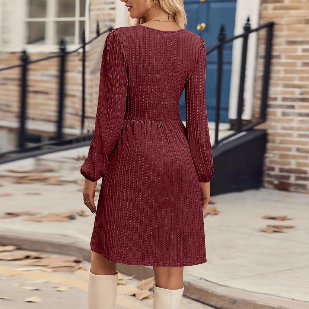 Women's Fashion Casual Solid Round Neck Pullover Loose Long Sleeve Dress