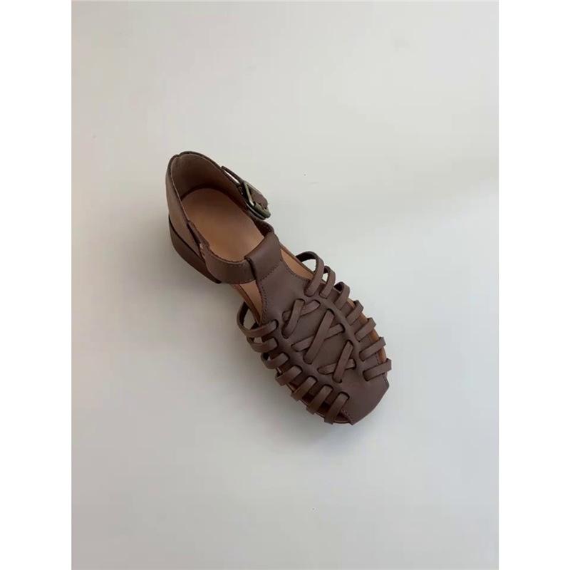 Sheepskin version~ niche retro woven open-toed outer wear summer Roman sandals women's leather thick heel with sandals