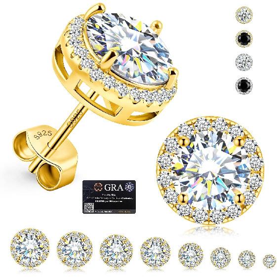 Moissanite Stud Earrings,925 Sterling Silver Halo Earrings | D Color VVS1 Real Moissanite,Brilliant Fire,Hypoallergenic,Comfortable for Sensitive