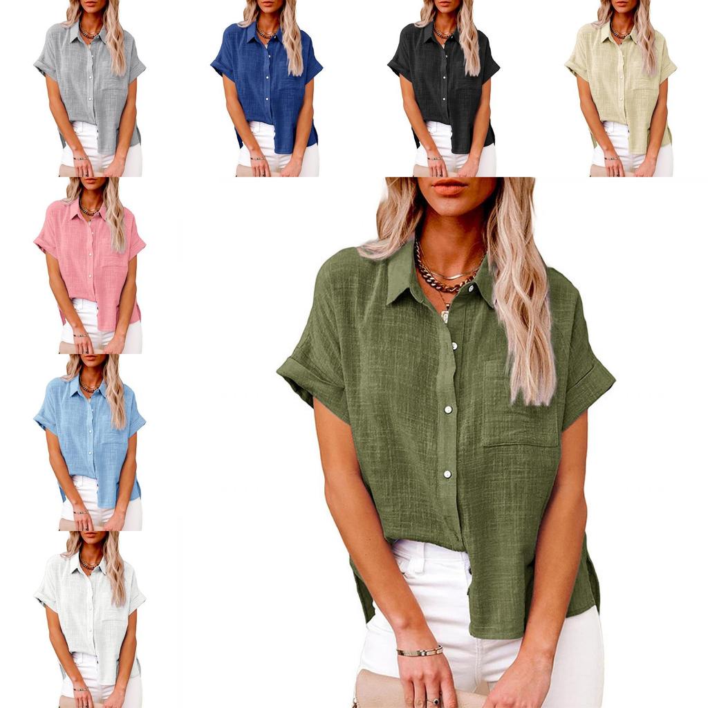 Summer Womens Casual Cotton Short Sleeve Shirt With Color Block Patching For Office Wear